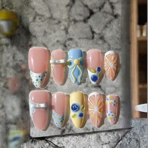 Faux ongles à presser pour femmes, nude, bleu, <span class=keywords><strong>jaune</strong></span>, amande, 3D, motif myrtille, agrumes, nœud, dentelle, carreaux, pour style Cottagecore et pique-nique - Product Image 1