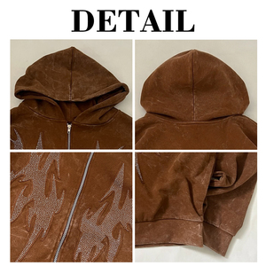 Manufacturers Custom Streetwear Y2k Men's Acid Wash Heavweight Terry Cotton Boxy Oversized Rhinestone Zip up Hoodie - Product Image 6