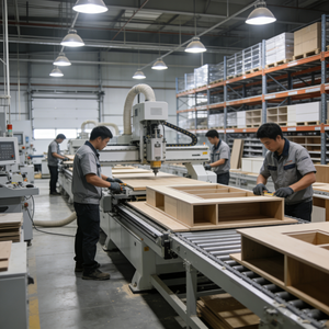 Armoire de rangement pour ustensiles de salle à manger en bois massif en forme de L personnalisée avec étagères ouvertes et grands tiroirs Design moderne - Product Image 6