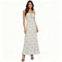 Vestido ODM de chifón con estampado floral digital, cuello corazón, tirantes finos, cintura imperio y volantes con borlas, estilo vintage de verano para mujer.
