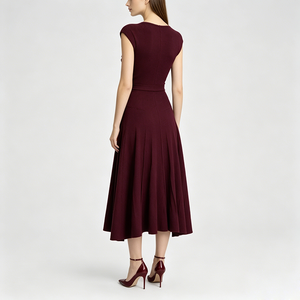 <span class=keywords><strong>Abito</strong></span> Midi da Donna <span class=keywords><strong>Bordeaux</strong></span> con Scollo a V e Maniche a Cappuccio, Gonna Svasata a Pieghe Radiali con Vita Aderente, Elegante <span class=keywords><strong>Abito</strong></span> <span class=keywords><strong>in</strong></span> <span class=keywords><strong>Maglia</strong></span> per Cocktail e Matrimoni - Product Image 4