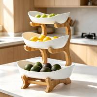 Présentoir de rangement nordique à 3 niveaux en bambou pour desserts, collations, légumes et fruits, avec 3 bols en céramique détachables en porcelaine