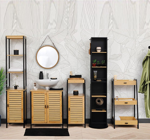 Slatted Bamboo <strong>Bathroom</strong> Slimline Storage <strong>Cabinet</strong> With Black Frame Modern Storage Holders &amp; Racks - Product Image 6