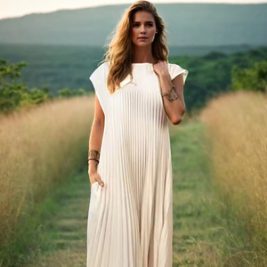 Robe jupe longue à la mode pour femmes avec col rond et détail plissé sans manches respirant bureau dame Style vêtements - Product Image 1