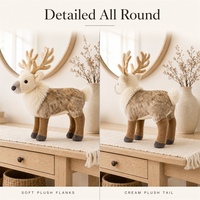 Renne en peluche de Noël sur pied avec bois de cerf dorés et crinière crème