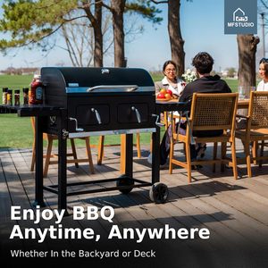 Barbecue fumoir moderne d'extérieur sur chariot, grand format, pour jardin et fêtes, noir, avec grille à charbon flambe et finition chromée - Product Image 5