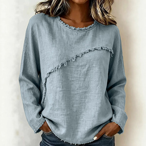Nuova <span class=keywords><strong>Maglietta</strong></span> Casual da Donna Primavera-Autunno, Maniche Lunghe, Vestibilità Ampia, Collo Tondo, Bordo Grezzo con <span class=keywords><strong>Frange</strong></span> - Product Image 6