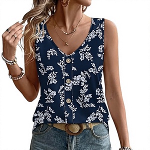 Women's <b>Navy</b> Blue Floral Print V-Neck Sleeveless Tank <b>Top</b> With Buttons Casual Breathable Woven <b>Tops</b> - Product Image 1