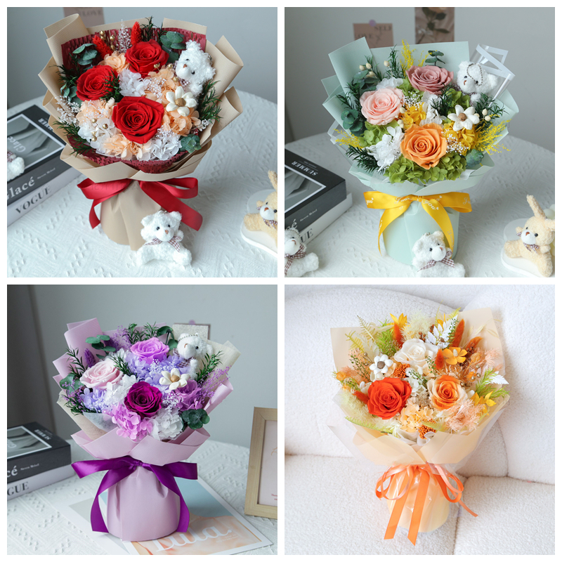 Bouquet di rose stabilizzate da 3 pezzi, colori rosso/giallo/rosa.