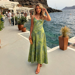 Vestido Maxi de Verano para Mujer, Estampado Floral Verde, Transpirable, Estilo Informal para Playa, Fiesta o Vacaciones, Corte en A, Sin Mangas, Espalda Descubierta - Product Image 3
