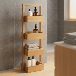 Étagère de salle de bain moderne en teck avec 4 niveaux de rangement ouverts - Product Image 1