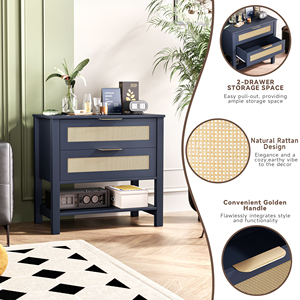 Rattan Nightstand With 2 Drawers Storage Shelf Boho <b>Bedside</b> <b>Table</b> For Bedroom - Product Image 5