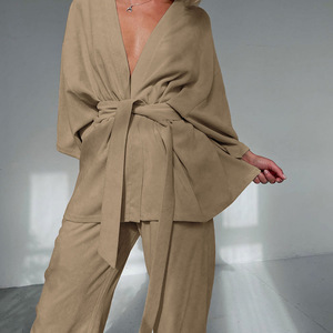 Роскошный модный вельветовый пижамный комплект с <span class=keywords><strong>V</strong></span>-образным вырезом, мягкий, с индивидуальным логотипом, длинный, из 2 предметов, на заказ, для женщин - Product Image 2