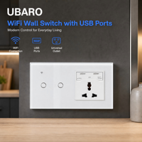 UBARO Interrupteur mural tactile intelligent 2 gangs WiFi avec double port USB 5V 2.1A, panneau en verre, télécommande via l'application Tuya Smart Life