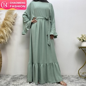 6530# <b>Summer</b> Premium Quality Crew Neck Wrinkle Crepe Sage Long Sleeve Islamic Women Maxi Dresses Include Belt 5 Colors - Product Image 1