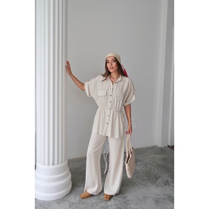 Conjunto de Camisa y Pantalones de Lino con Cintura Ajustable con Cordón para Mujer, Talla S - Product Image 6