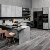 Meubles de cuisine modulaires modernes avec îlot central, bar à petit-déjeuner, portes vitrées, design écologique, finition gris pierre pour salle à manger