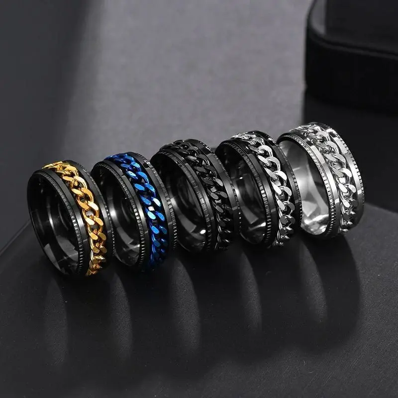 Titanium Roestvrij Stalen Ketting Spinner Ring Voor Mannen Blauw Goud Zwart Punk Rock Ringen Accessoires Sieraden Gift R1401