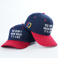 Gorra de béisbol de alta calidad de 6 paneles azul marino rojo de dos tonos 100% algodón ajustable estructurado gorra de béisbol de 6 paneles