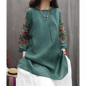 Women Cotton Linen Embroidery Top Loose Mid Length Casual Shirt Dress Breathable Retro Style Everyday Wear - Product Image 1