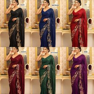 Sari traditionnel élégant en georgette épaisse, tissé à la main, avec détails à double sequin, séchage rapide, protection solaire, tenue ethnique de créateur - Product Image 2