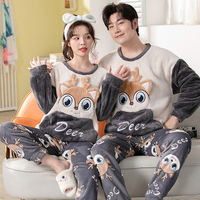 Pyjama d'hiver pour couple, en flanelle, ample, col rond, style coréen, pour homme et femme, doux et chaud, manches longues, ensemble deux pièces