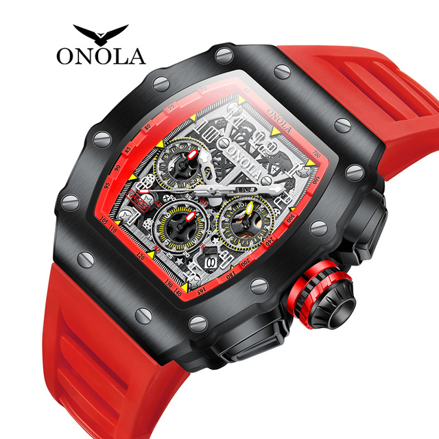 Top Brand Onola 6826 Luxury Tonneau Skeleton Wristwatches Automatic Reloj Luminous Quartz Chronograph Wrist Watches for Men