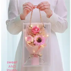 Оптовая продажа, складная прозрачная мыльная Цветочная Подарочная коробка с ручкой, сушеный цветок, букет из ПВХ, прозрачная Цветочная коробка