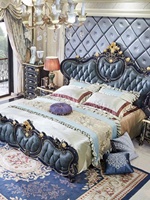Europäisches Doppelbett aus Massivholz mit Echtleder-Weichlehne und Schnitzereien - Hauptschlafzimmer Brautprinzessinnen-Stil Großes Bett CH05-L