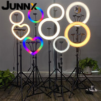 JUNNX 10 इंच 18 इंच 21 इंच Ringlight दिल आरजीबी 6 8 12 13 14 16 20 10 21 18 इंच तिपाई स्टैंड के साथ मेकअप Seflie अंगूठी प्रकाश का नेतृत्व किया