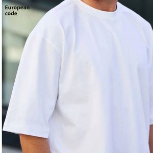 European Over Size Men's Cotton T-<b>Shirt</b> 230g Short Sleeved Plus Size O Neck Solid Pattern LOGO Printing Loose Fit T <b>Shirts</b> - Product Image 5