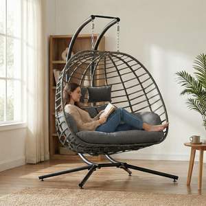 Fauteuil suspendu double en rotin pour extérieur, terrasse, 1 personne, avec coussin imperméable, moderne, pour intérieur, chambre, pelouse, jardin, couleur foncée - Product Image 6