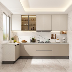 Ensemble <span class=keywords><strong>d</strong></span>'armoires de <span class=keywords><strong>cuisine</strong></span> beiges minimalistes modernes avec réfrigérateur et fours encastrés Santopova - Product Image 1