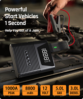 Démarreur portable rechargeable avec mini pompe à air électrique intégrée et booster de batterie pour voiture, moto, vélo