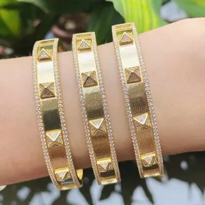 Simple Fashion Gold Plated Brass Bangle Cuff for Daily Wear on Both Sides CZ Bangle Cuff Jewelry for Women