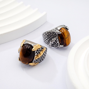 Großhandel Vintage Punk Mode Große Türkei Ringe für Herren 18K Vergoldet Zweifarbiger Muschel-Tigerauge-Stein Edelstahl Schmuck - Product Image 3