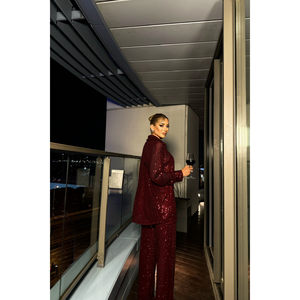 Conjunto de 3 piezas color borgoña con lentejuelas: Chaqueta por encima de la rodilla, pantalones tipo bustier, talla XS, top a juego - Product Image 1