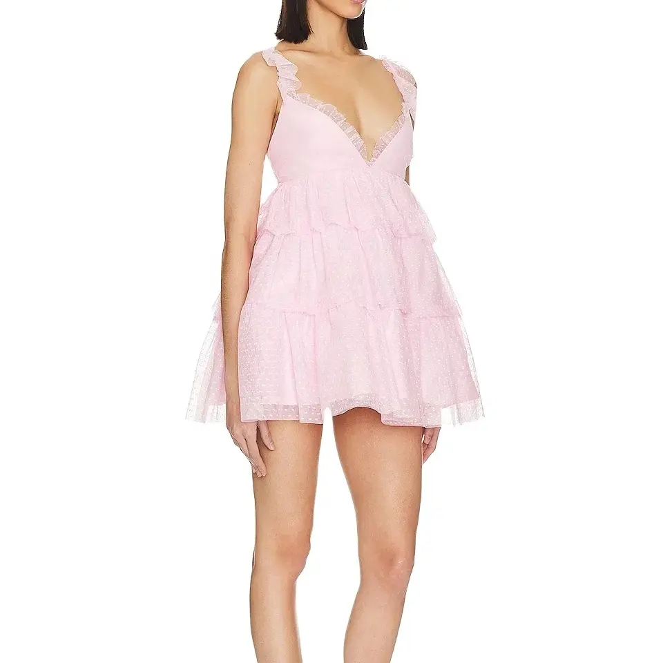 Модное модное Многоярусное кружевное платье мини без рукавов с рюшами и открытой спиной