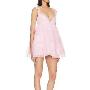 Trendy Fashion Ruffled Strap Tiered Ruffled Hem Lace Mesh Backless Sleeveless Sexy Mini Dress