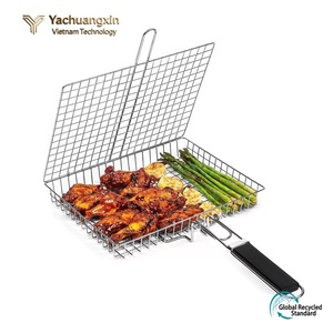 Panier de barbecue pliable en acier inoxydable avec poignée rouge, accessoire de cuisine en plein air - Product Image 2