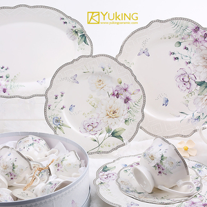 Set de couverts avec décalcomanies florales de bonne qualité, Set d'assiettes, assiettes, bols à salade, nouvel os chinois, Set de dîner de luxe - Product Image 6