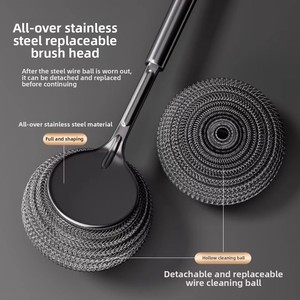 Cepillo de limpieza para lavar platos con mango largo, cepillo especial con bola de acero para lavar ollas, hecho de silicona y PP - Product Image 4