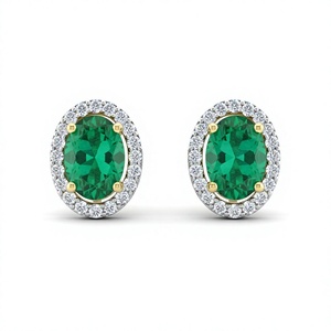 18K 14K Gold Plated Green <b>Emerald</b> <b>Stud</b> <b>Earrings</b> Oval Gemstone Halo Round Diamond <b>Earrings</b> Piercing Women Fine Jewelry Women - Product Image 1