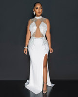 GX3127 Mode 2023 Robe longue de soirée sexy, sans manches, avec strass et patchwork en maille, fendue, pour boîte de nuit