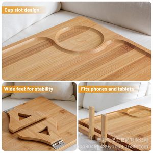Plateau d'accoudoir de canapé en bois avec support pour téléphone, porte-gobelet et rangement pliable pour salon - Product Image 4
