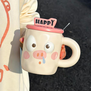 Mug mignon de dessin animé avec couvercle et poignée, beige, rose, marron, gris, tasse individuelle pour enfants et adultes, promotion printemps 2024, articles de boisson - Product Image 3