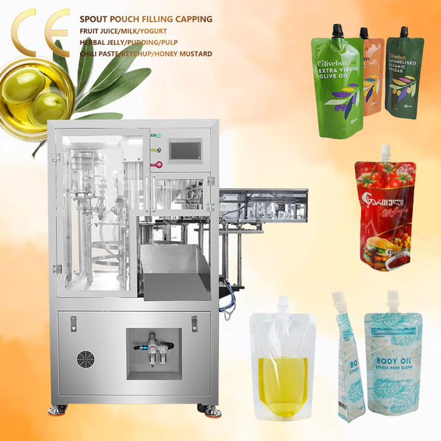 Automatic 2 Nozzle Olive Oil Stand up Pouches Bag Packing Squeeze Spout Pouch Chili Oil Packaging Machine