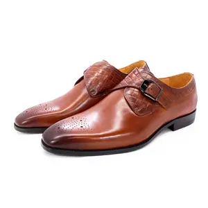 Hot sell Square toe brown monk strap slip-on men's formal leather shoes for wedding dress