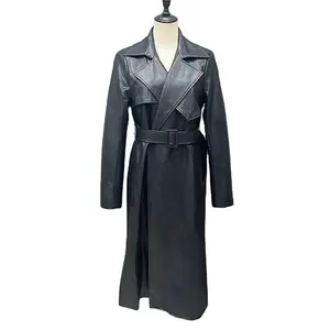 Wholesale Winter Long Faux Leather Jacket Long Sleeve Women Vegan Leather Trench Coat with Belt