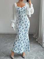 Robe longue femme automne florale respirante, coupe ajustée, col en U, tricotée, manches à volants, taille haute, sexy, style club, pour le quotidien, coupe crayon, dos nu